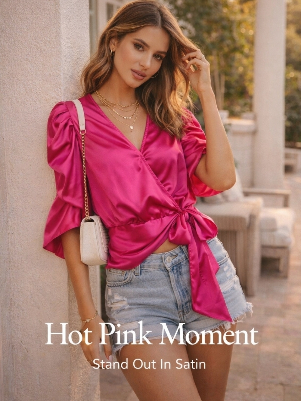 DO+BE Hot Pink Satin Wrap Crop Top Puff Sleeve Tie Waist Blouse M